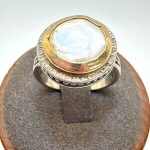 Two Tone Sterling Silver 925 Mother of Pearl Bezel Set Statement Ring Size 7.5